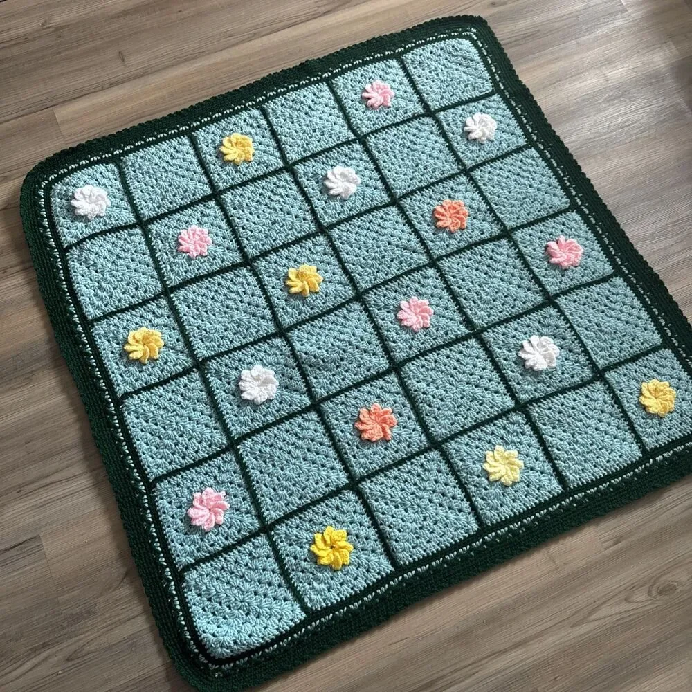VNTG Crochet Granny Square Afghan Blanket 3D Flower Blue Green Retro Handmade